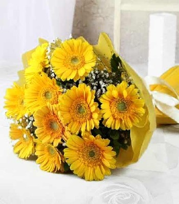 Yellow Gerbera Daisy Bouquet - 10 Stems Hand-Wrapped